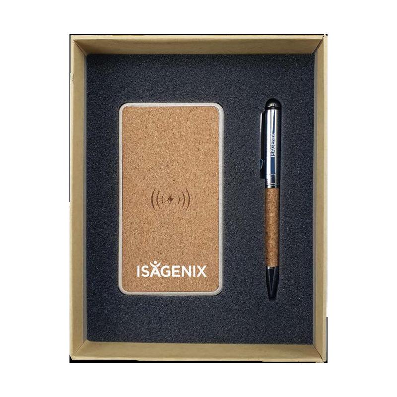 WGS-20 - Natural Cardboard Gift Box With Wheat Straw Wireless Powerbank, Cork & Metal Pen